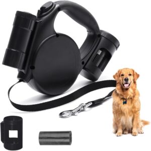 Coleira Retrátil para Cães com Lanterna LED e Suporte para Saquinhos 5 Metros