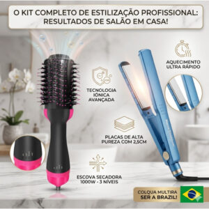 Kit Escova Rotativa para Cabelo Secador e Chapinha 2 em 1 110V/220V+ Chapinha Multi-temperaturas
